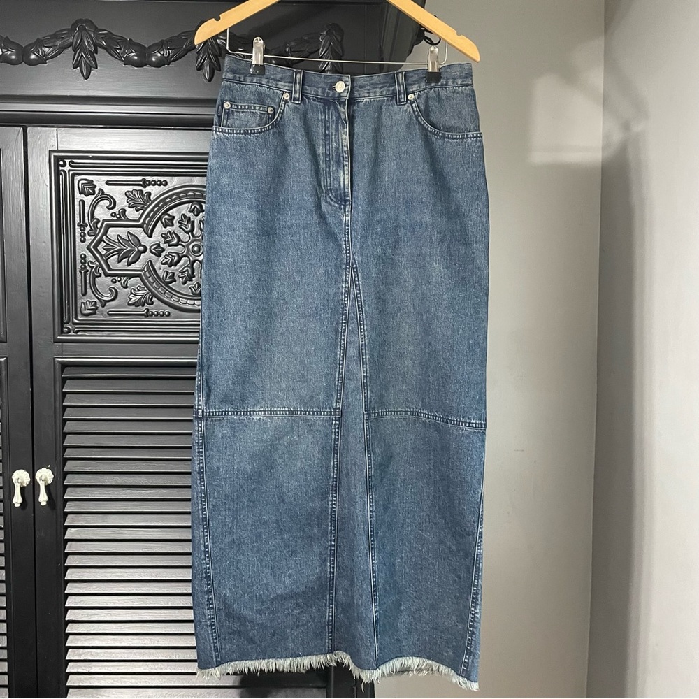 Vintage 90's Ralph Lauren Denim Fringe Maxi Skirt 10 Cotton Long Slit 32x37